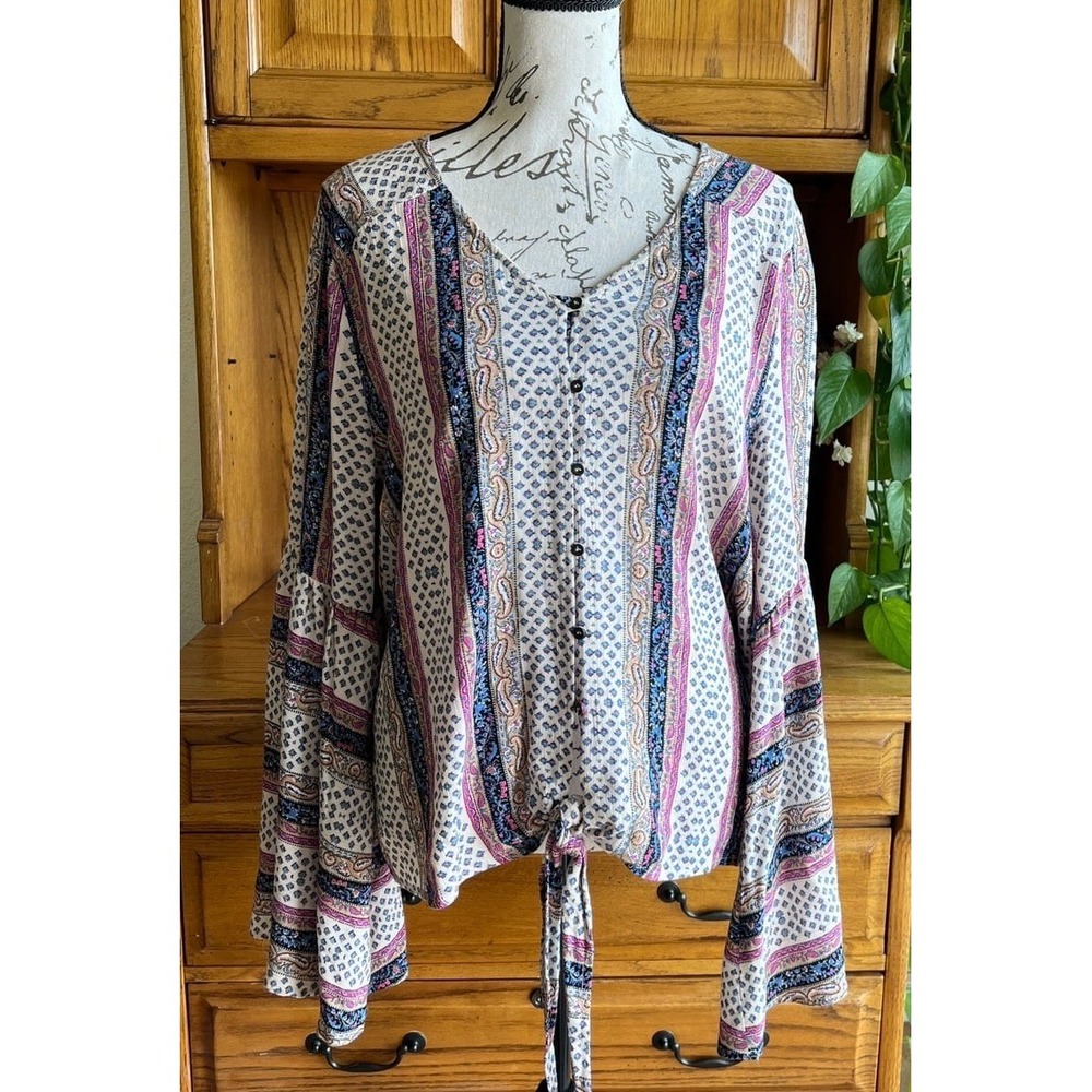 Fab'rik Boho Y2K Paisley Print Bell Sleeve Tie Front Top